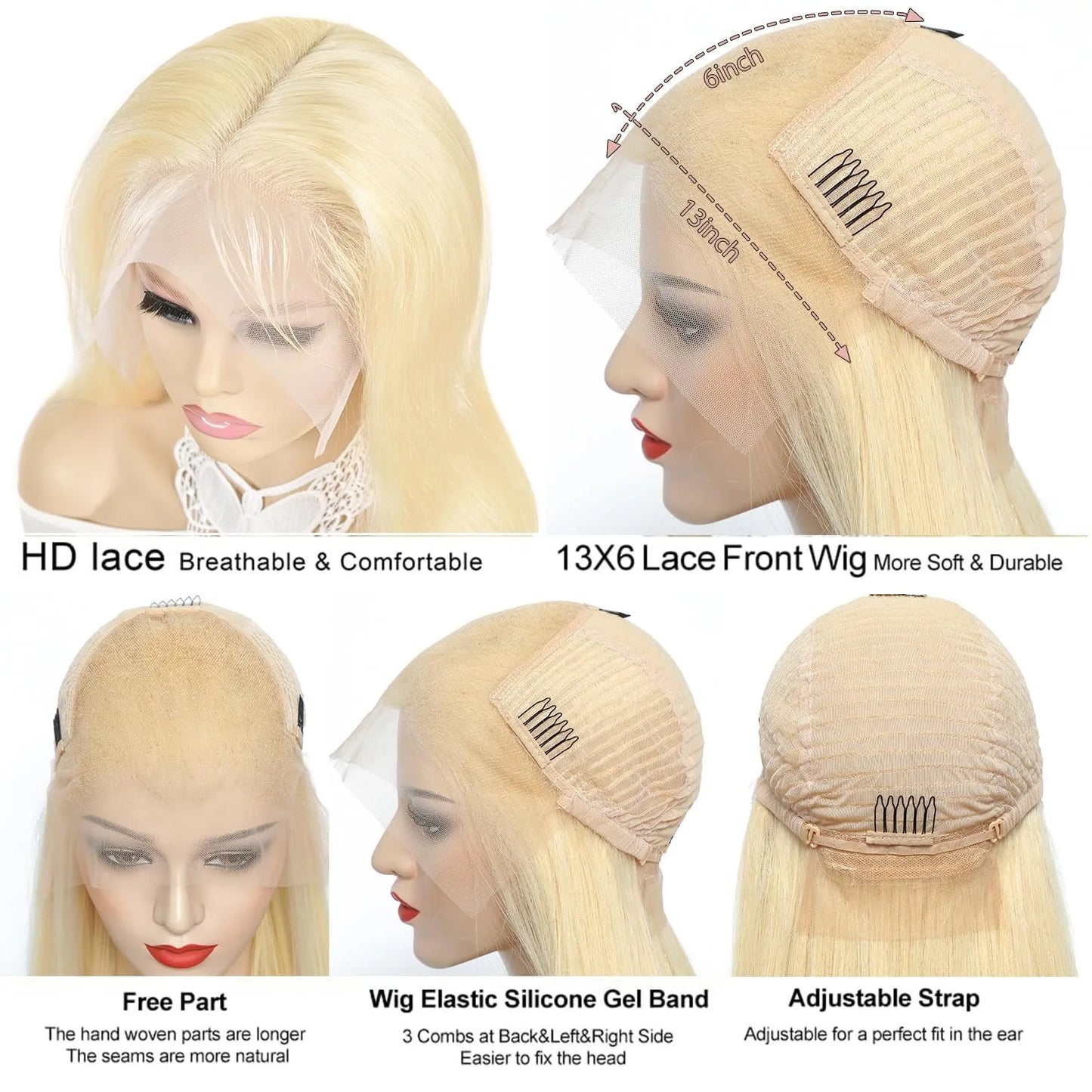 Wear and Go 200% Density Human Hair 613 Straight HD Lace Front Wig 13x4 Brazilian Virgin Blonde Lace Frontal Wigs Glueless
