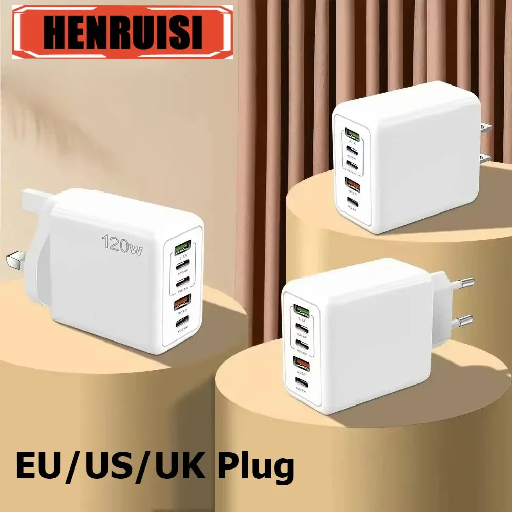 120W Multi Ports USB Quick Charger Charger Type C Fast Charging Phone Charger For iPhone 15 Samsung Xiaomi Huawei Wall Adapter