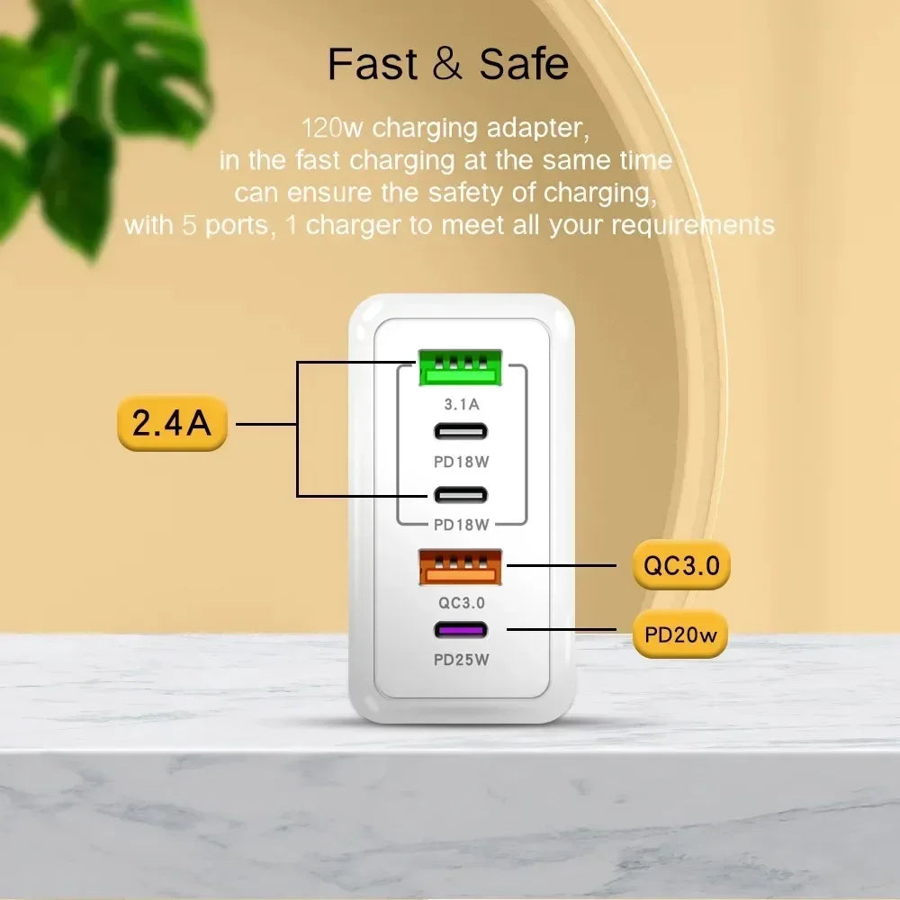 120W Multi Ports USB Quick Charger Charger Type C Fast Charging Phone Charger For iPhone 15 Samsung Xiaomi Huawei Wall Adapter