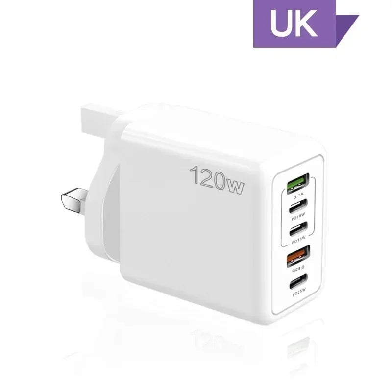120W Multi Ports USB Quick Charger Charger Type C Fast Charging Phone Charger For iPhone 15 Samsung Xiaomi Huawei Wall Adapter