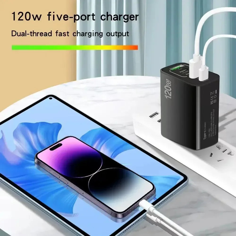 120W Multi Ports USB Quick Charger Charger Type C Fast Charging Phone Charger For iPhone 15 Samsung Xiaomi Huawei Wall Adapter