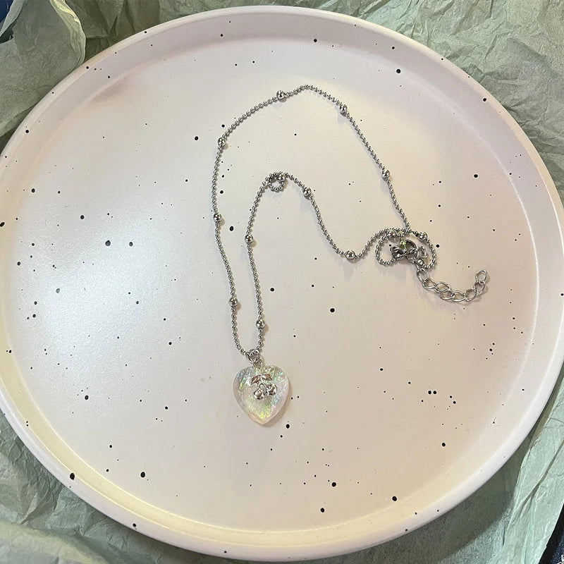 Spring Colorful Flowers Love Pendant Necklace Stainless Steel Beaded Chain Necklace Gift Jewelry New Fashion Wedding Gift