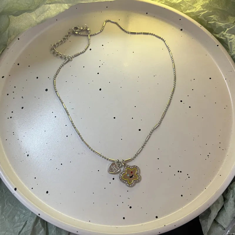 Spring Colorful Flowers Love Pendant Necklace Stainless Steel Beaded Chain Necklace Gift Jewelry New Fashion Wedding Gift