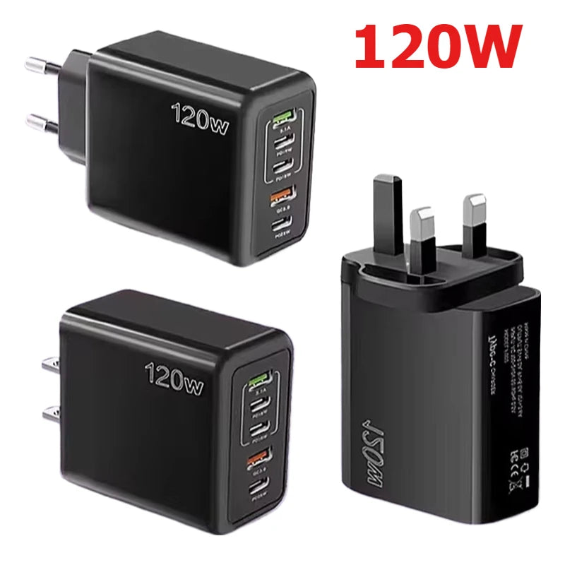 120W Multi Ports USB Quick Charger Charger Type C Fast Charging Phone Charger For iPhone 15 Samsung Xiaomi Huawei Wall Adapter